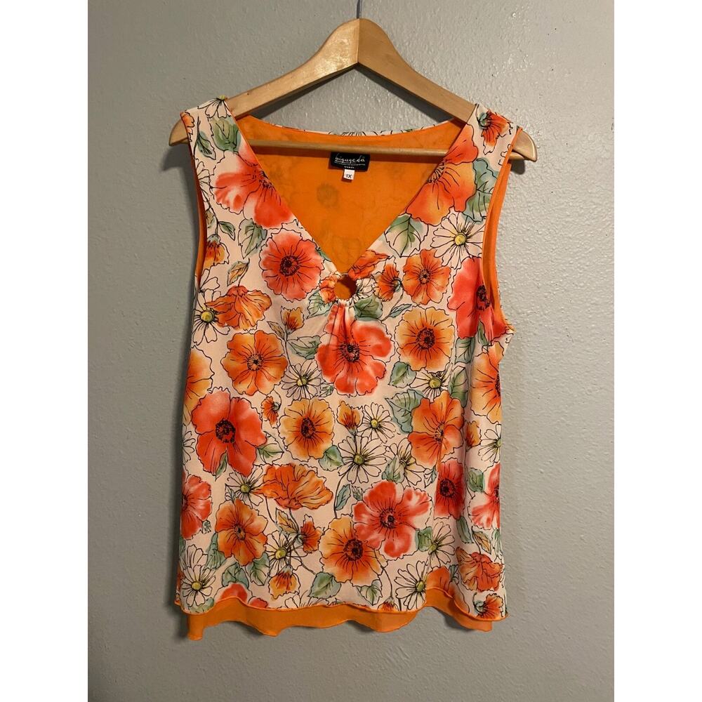 Biyaycda Womens Top Size 1X Orange Floral Mesh Sleeveless Fairy Mod Boho Y2K